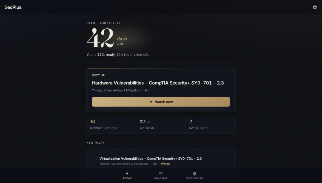Security+ Study Tracker — app screenshot